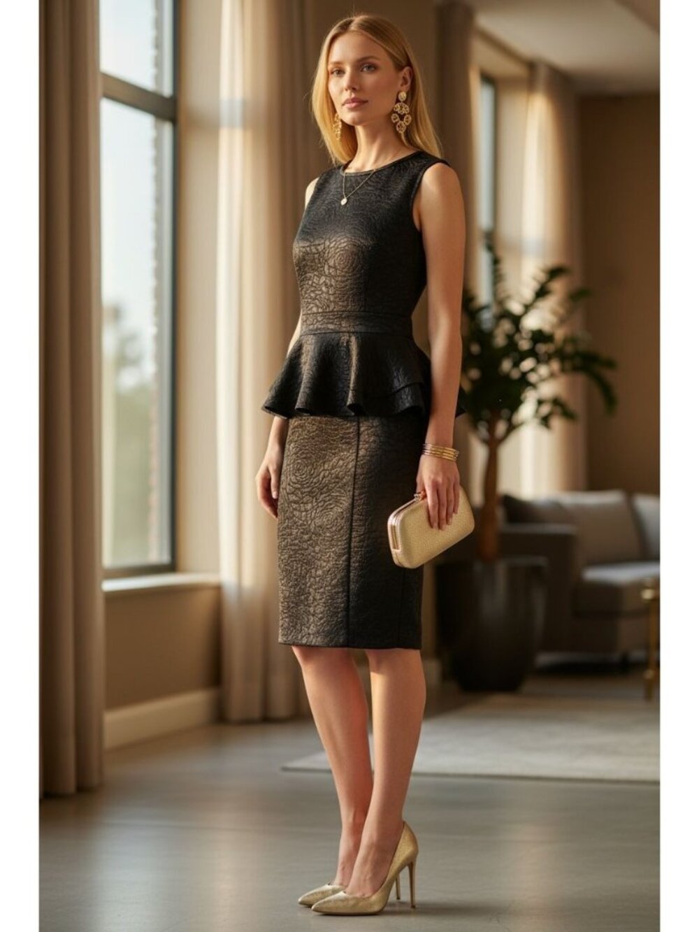 Alt.B Black Textured Floral Peplum Sheath Stretch Dress Sleeveless Dress Size M